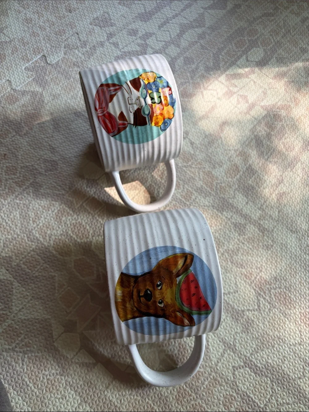 West Elm White Ceramic Large Coffee or Soup Mugs, Dog and Cat Print - set of 2